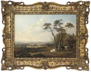 John Dearman - Cattle resting beside a cottage in an extensive landscape