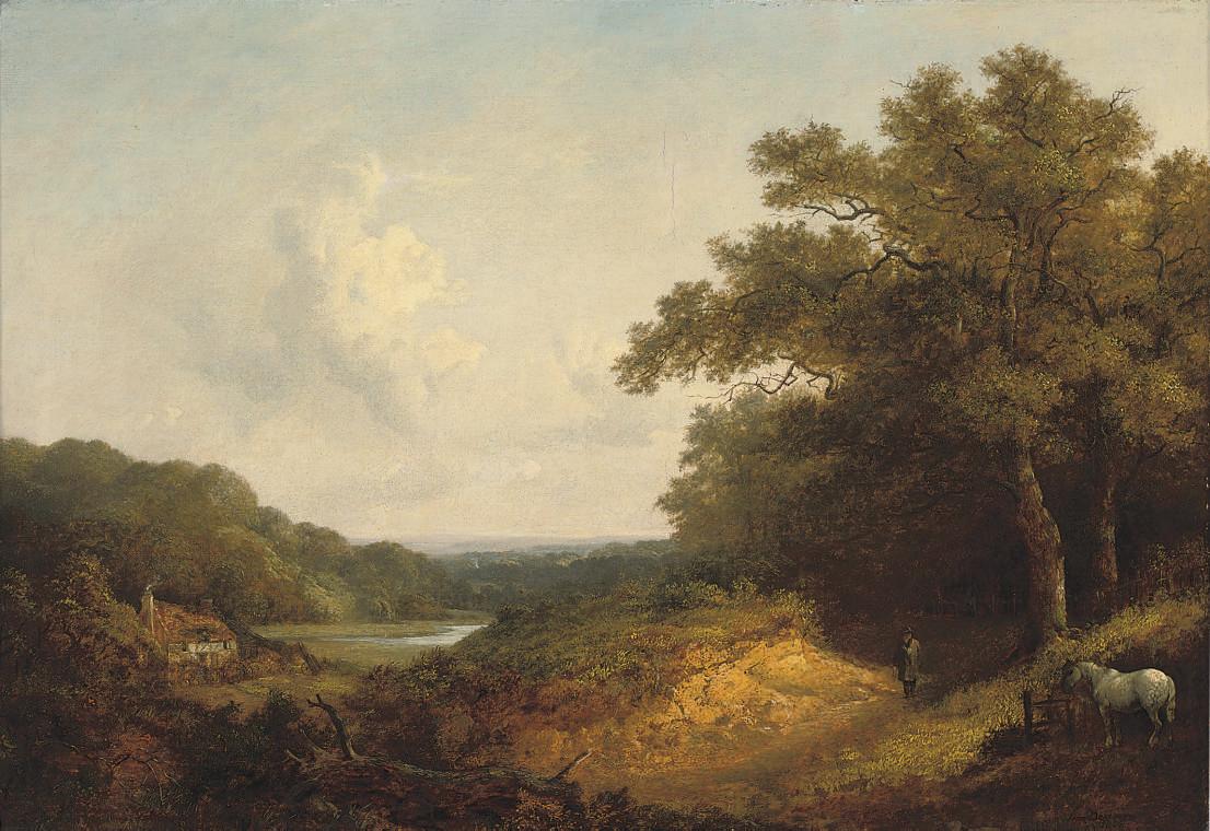 John Dearman - Figure with a pony by a track in an extensive wooded landscape, near Guildford