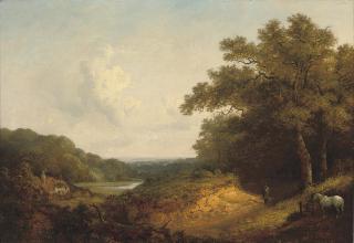 John Dearman - Figure with a pony by a track in an extensive wooded landscape, near Guildford