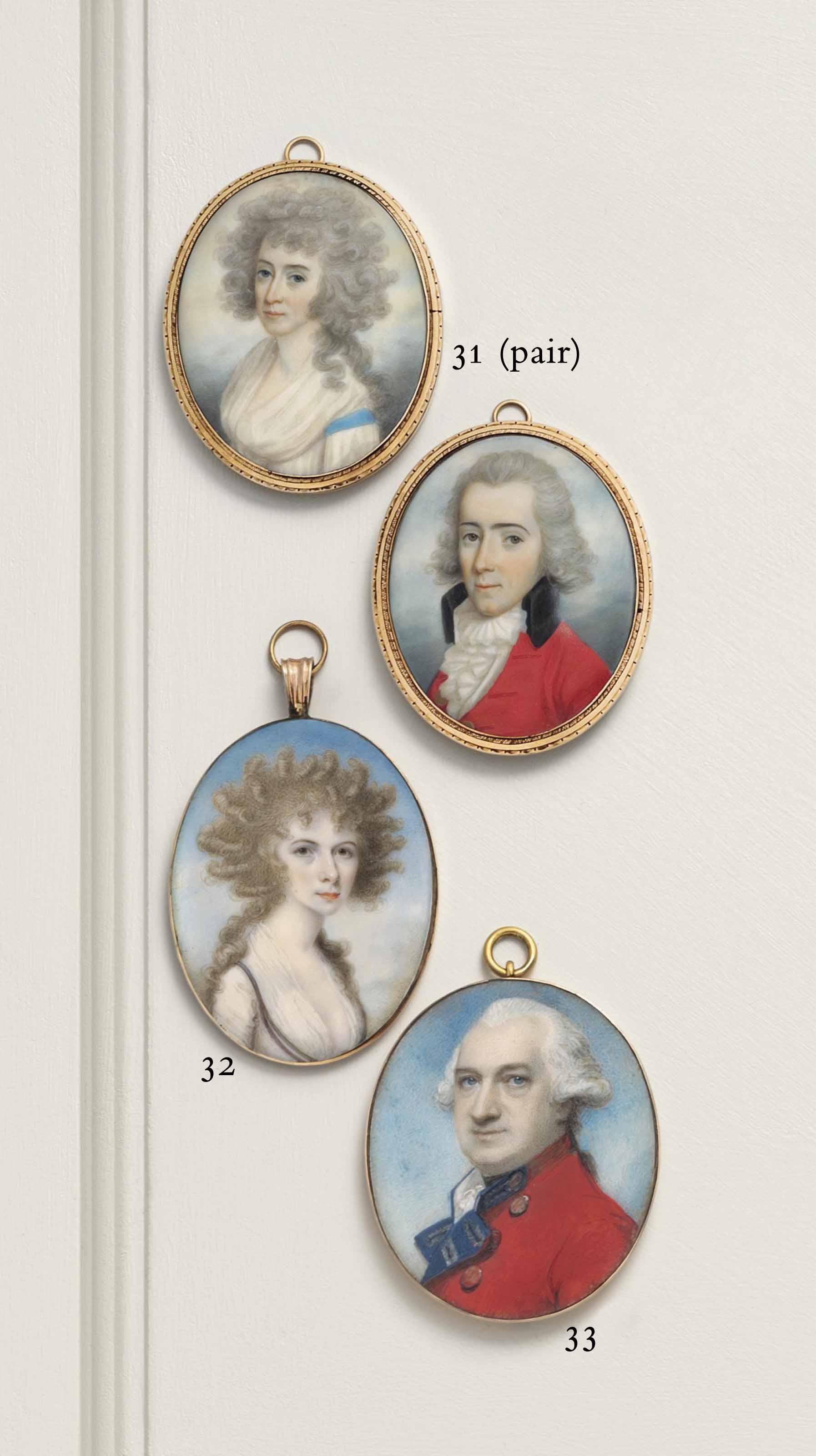 John Donaldson - A Pair Of Miniatures: A Gentleman, In Red Coat With Black Collar And White Frilled Cravat; Together With A Young Lady In White Dress And Fichu, Blue Ribbon Around Her Arm, Powdered Curling Hair