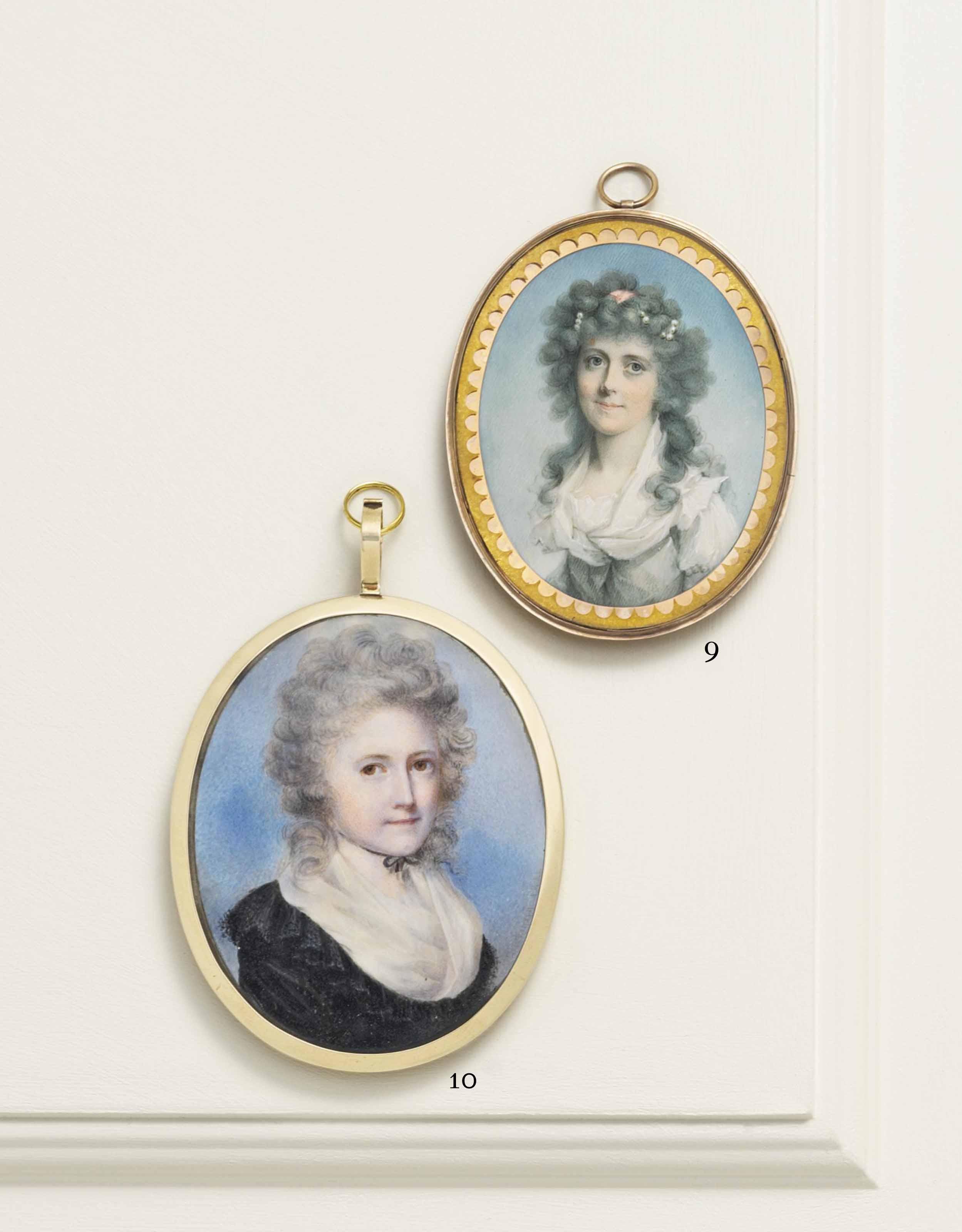 John Donaldson - Sarah Garrow, Née Dore (D. 1808), In White Dress With Fichu, A Pink Bandeau And String Of Pearls In Her Powdered Curling Hair