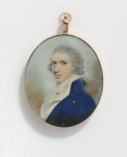John Downman, A.R.A. - A young gentleman, in dark blue coat, white waistcoat, white frilled muslin shirt and bowed cravat, powdered curling wig with black silk bag; sky background