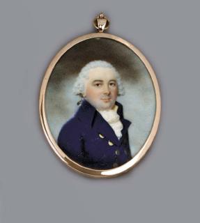 John Downman, A.R.A. - Captain James Stewart, facing right in blue coat with large gold buttons, yellow waistcoat and frilled cravat, powdered hair en queue