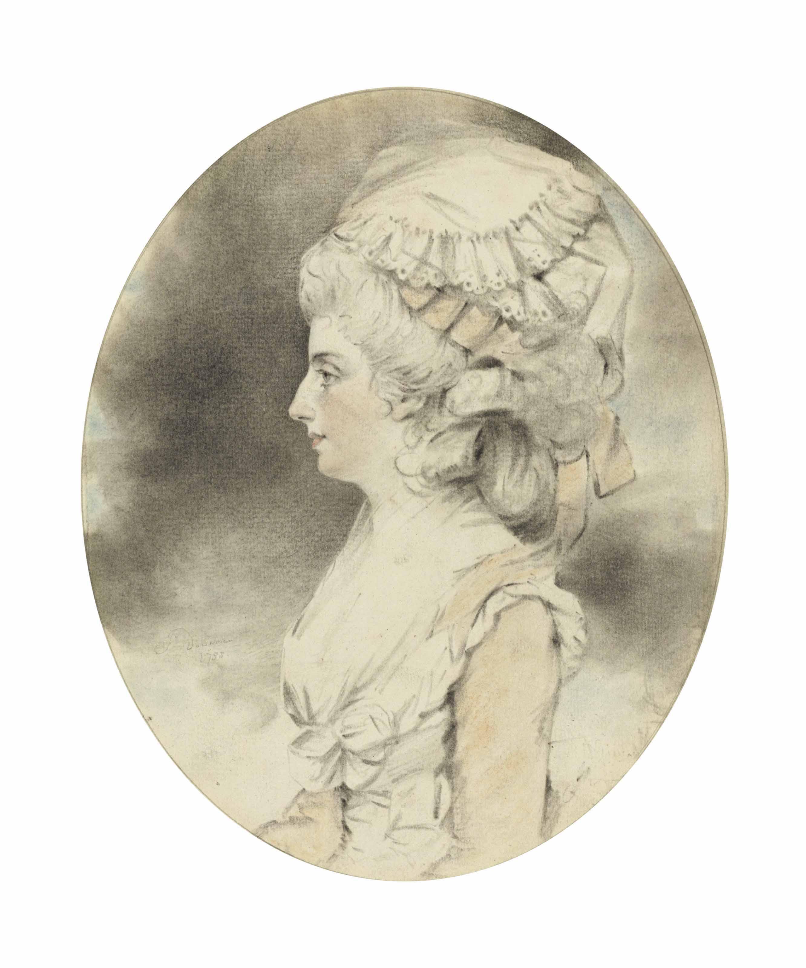 John Downman, A.R.A. - Portrait Of A Lady, Half-Length, Facing Left, Wearing A Ruffled White Dress And Mob Cap