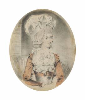 John Downman, A.R.A. - Portrait Of A Lady, Half-Length, Wearing An Elaborate Bonnet Trimmed With A Blue Ribbon, And Pink Jacket