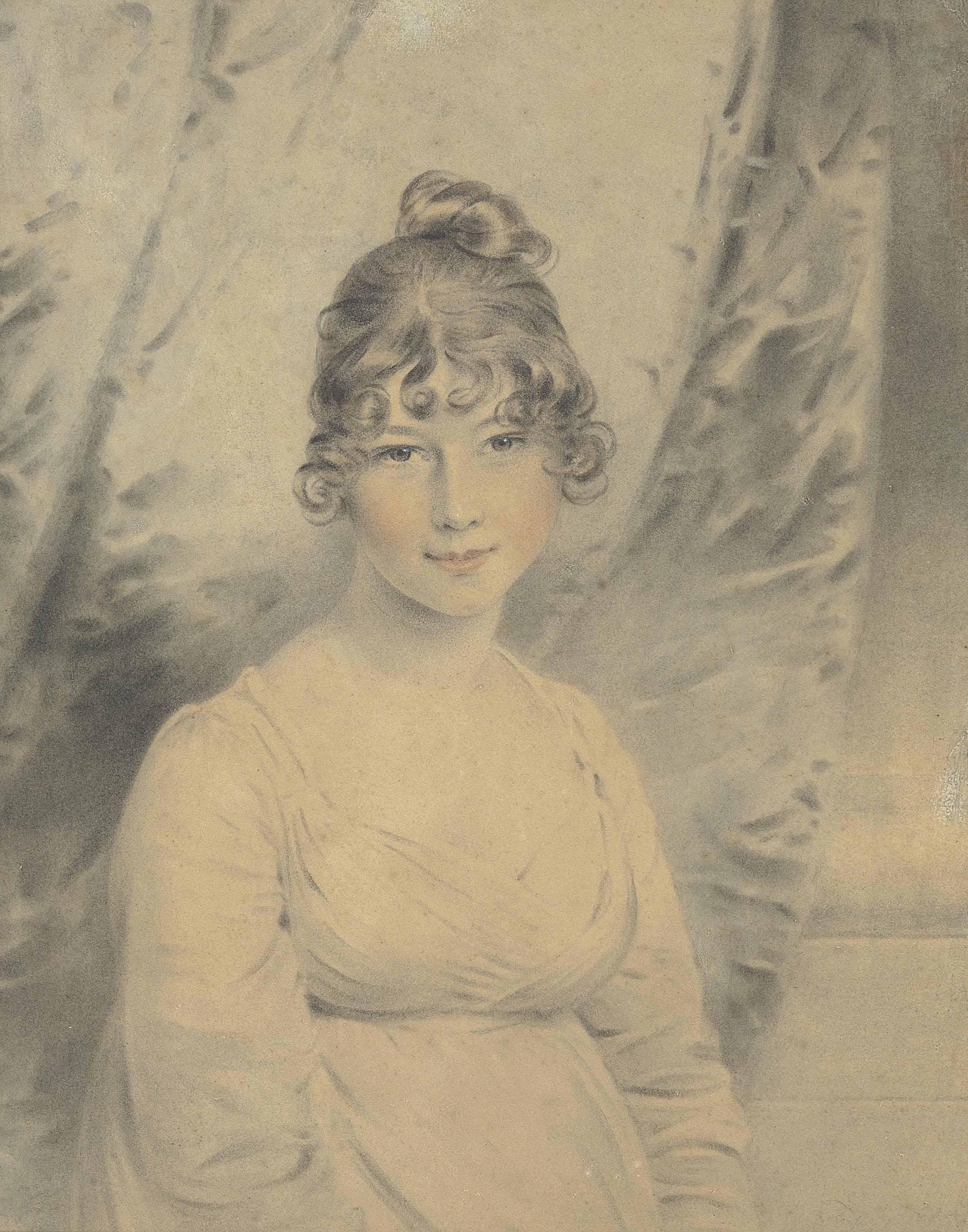 John Downman, A.R.A. - Portrait Of A Young Lady, Half-Length, Wearing A White Empire-Line Dress, Drapery Behind