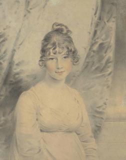 John Downman, A.R.A. - Portrait Of A Young Lady, Half-Length, Wearing A White Empire-Line Dress, Drapery Behind