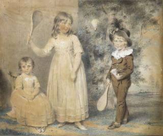 John Downman A.R.A. - Portrait Of Ellen, George, Frederick And Amelia Ray, Playing Shuttle-Cock 