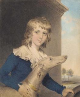John Downman, A.R.A. - Portrait of Master Twisden, three-quarter-length, in a blue coat, with a white collar, beside a whippet, holding a hat, a landscape beyond