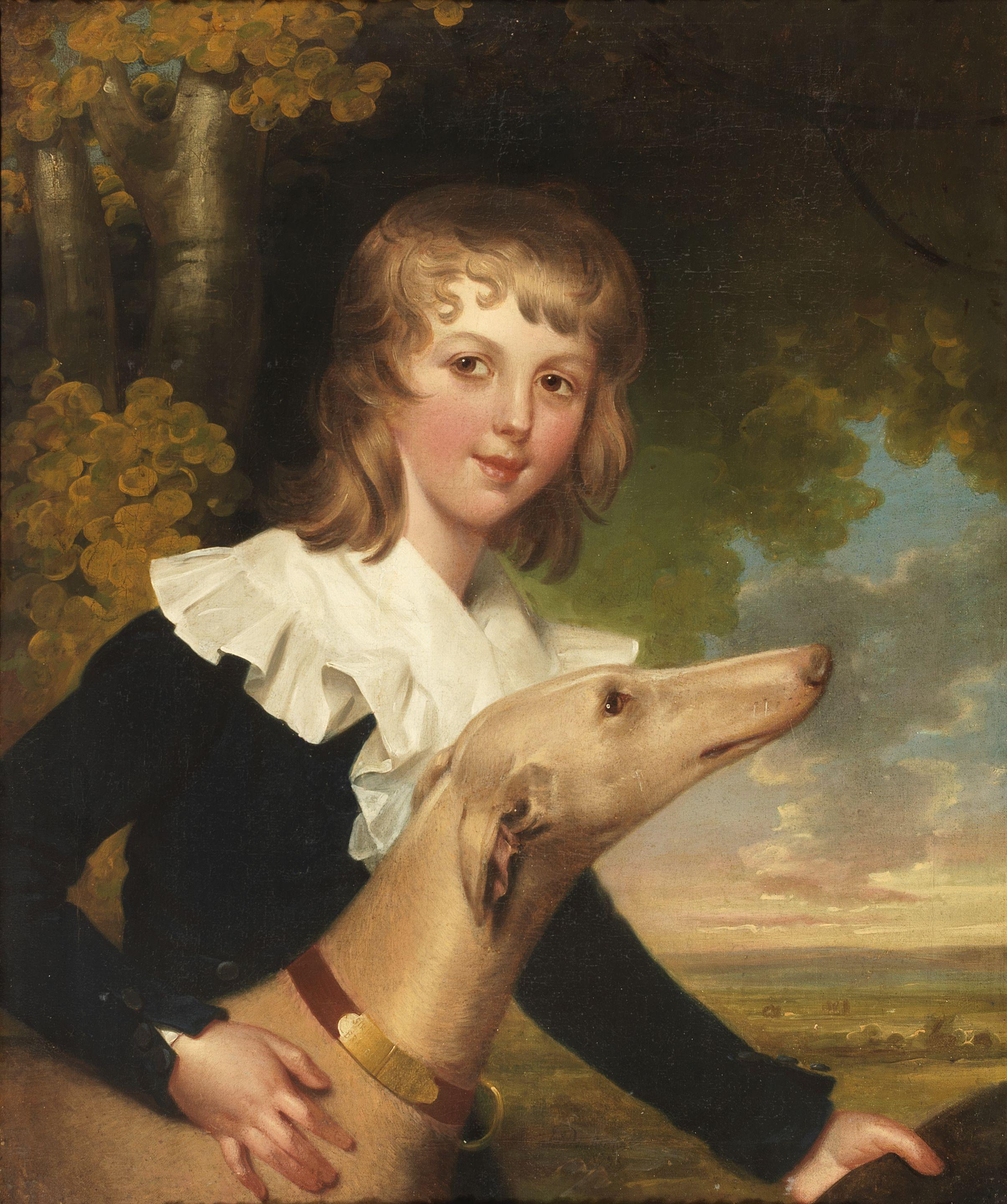 John Downman A.R.A - Portrait of Master Twisden, three-quarter-length, in a blue coat, with a white collar, beside a whippet, holding a hat, in a landscape