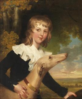 John Downman A.R.A - Portrait of Master Twisden, three-quarter-length, in a blue coat, with a white collar, beside a whippet, holding a hat, in a landscape