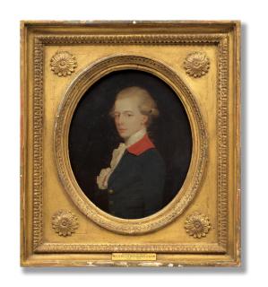 John Downman A.R.A. - Portrait of Mr Kennaway, half-length, in a blue coat with red collar and a white lace jabot