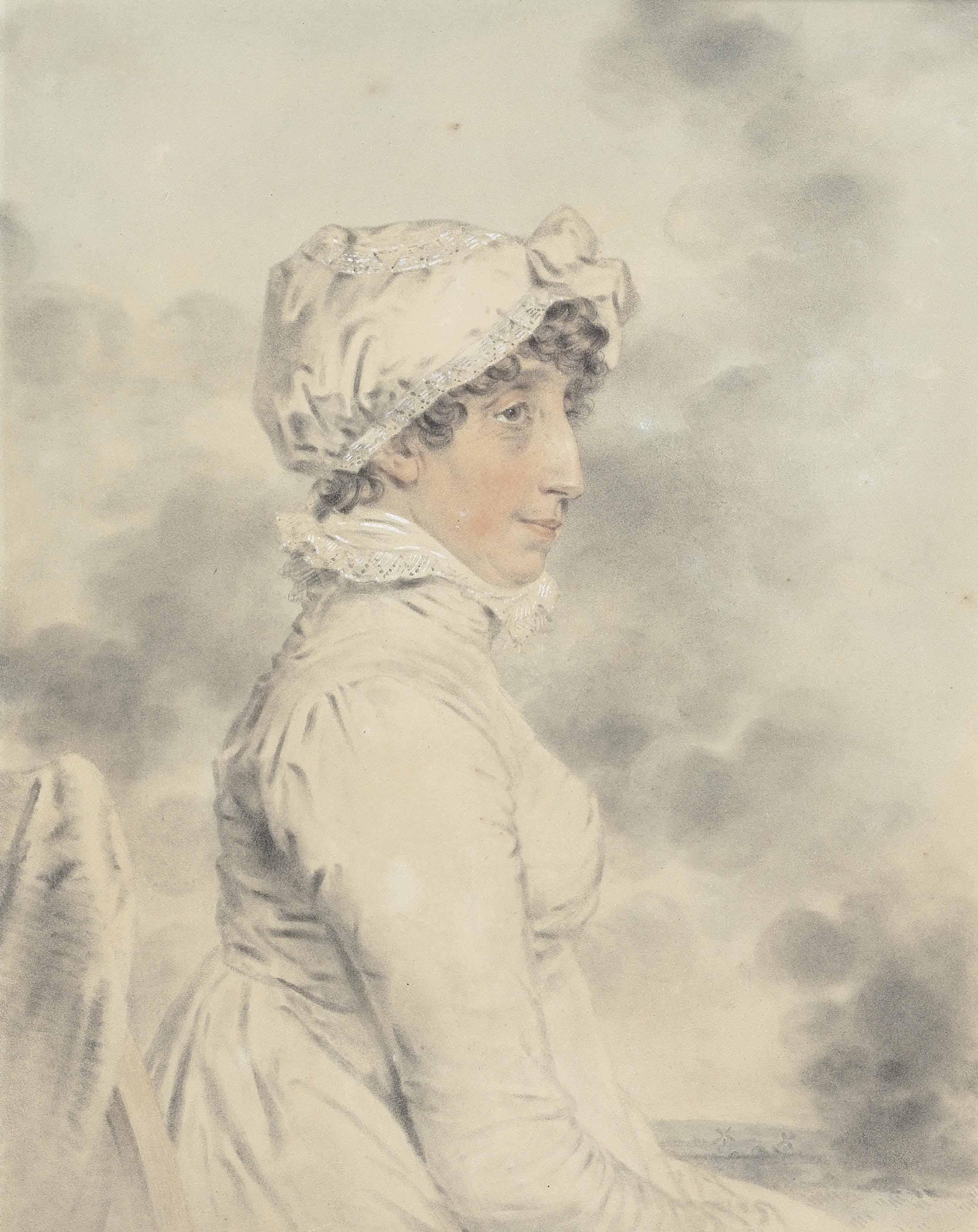 John Downman, A.R.A. - Portrait Of Mrs. Arabella Graham-Clarke (1755-1827), Half-Length, Seated, Wearing A High-Necked White Dress And Lace-Trimmed Mob Cap, A Landscape With Windmills Beyond