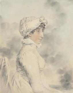 John Downman, A.R.A. - Portrait Of Mrs. Arabella Graham-Clarke (1755-1827), Half-Length, Seated, Wearing A High-Necked White Dress And Lace-Trimmed Mob Cap, A Landscape With Windmills Beyond