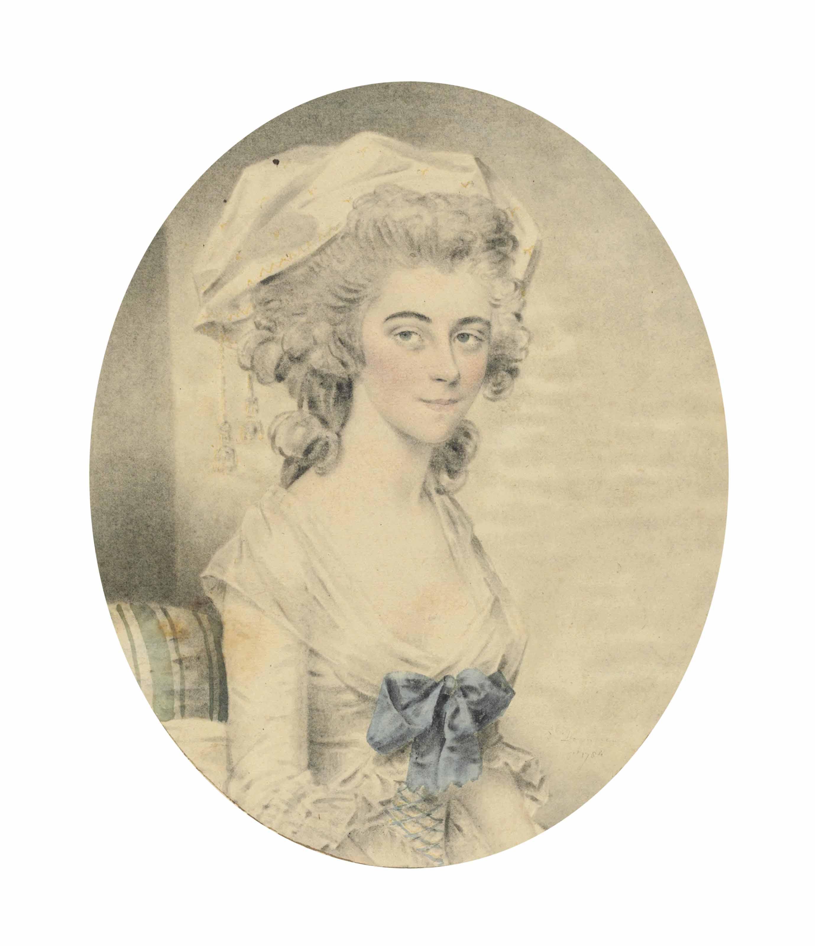 John Downman, A.R.A. - Portrait Of Mrs. Boyd, Half-Length, Wearing A White Dress With Blue Sash, And A White Cap