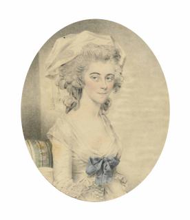 John Downman, A.R.A. - Portrait Of Mrs. Boyd, Half-Length, Wearing A White Dress With Blue Sash, And A White Cap