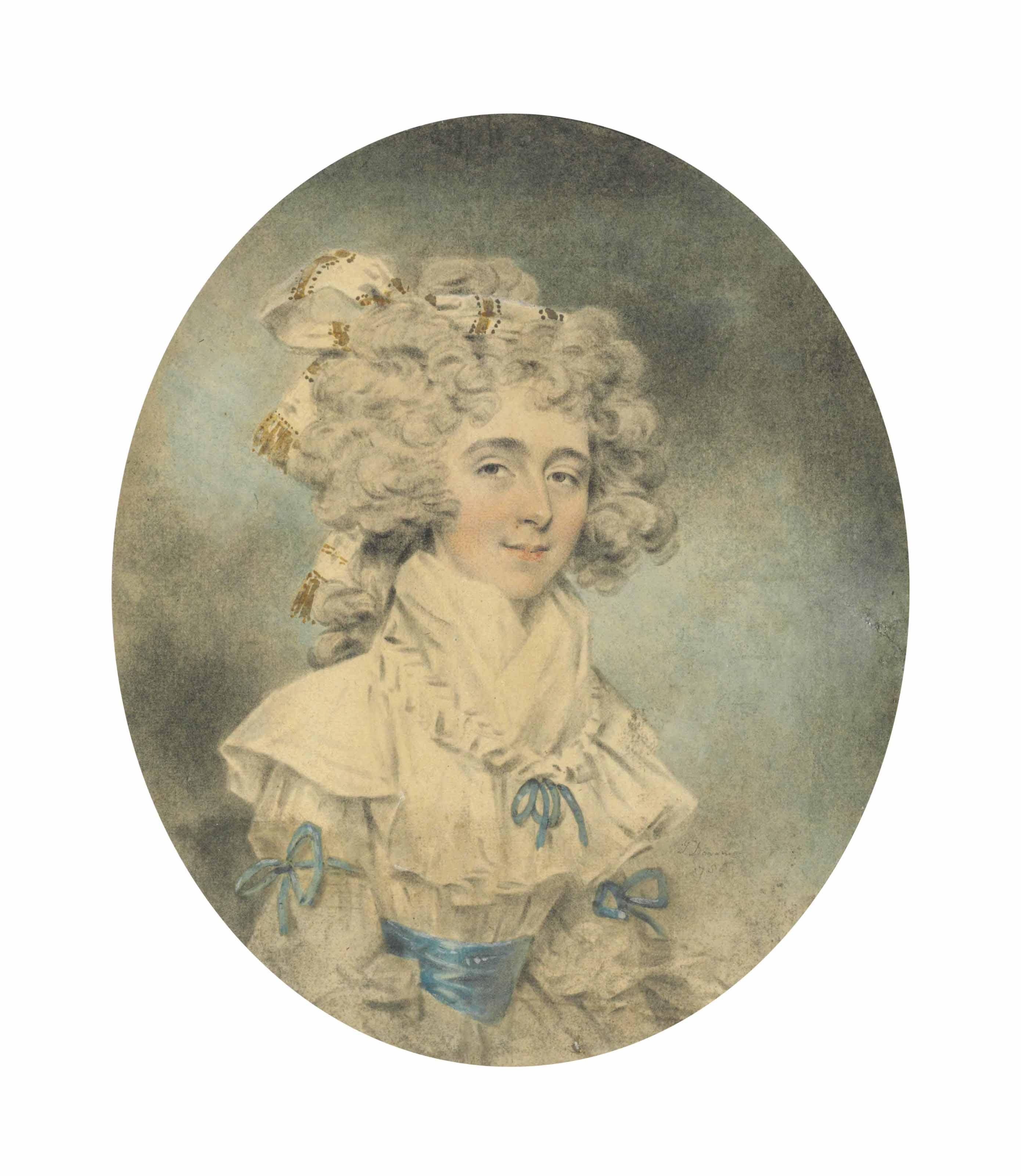 John Downman, A.R.A. - Portrait Of Mrs. Fisher, Wife Of The Bishop Of Salisbury, Half-Length, Wearing An Elaborately Ruffled White Dress Trimmed With Blue Ribbons