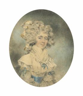 John Downman, A.R.A. - Portrait Of Mrs. Fisher, Wife Of The Bishop Of Salisbury, Half-Length, Wearing An Elaborately Ruffled White Dress Trimmed With Blue Ribbons