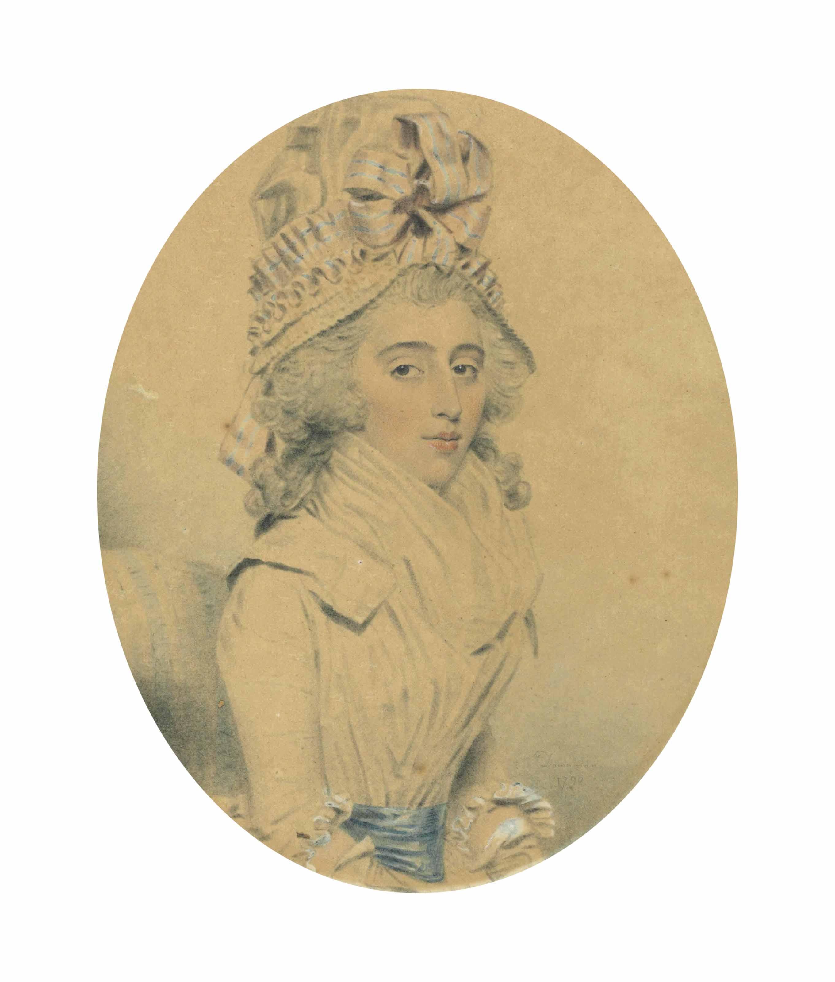 John Downman, A.R.A. - Portrait Of Mrs. John Langston, Half-Length, Seated, Wearing A White Dress And Blue Sash And A White Bonnet With Pink And Blue Striped Ribbon