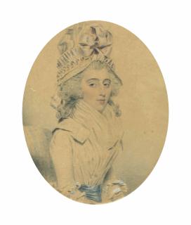 John Downman, A.R.A. - Portrait Of Mrs. John Langston, Half-Length, Seated, Wearing A White Dress And Blue Sash And A White Bonnet With Pink And Blue Striped Ribbon
