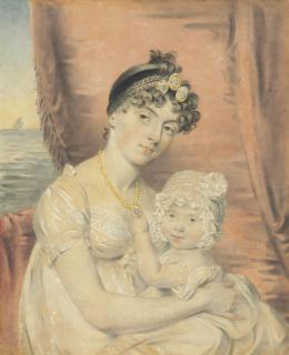 John Downman, A.R.A. - Portrait Of Mrs. Sarah Anne King And Her Child, Half-Length, Seated, With Miniatures In Her Hair And On Her Necklace, A Seascape Beyond