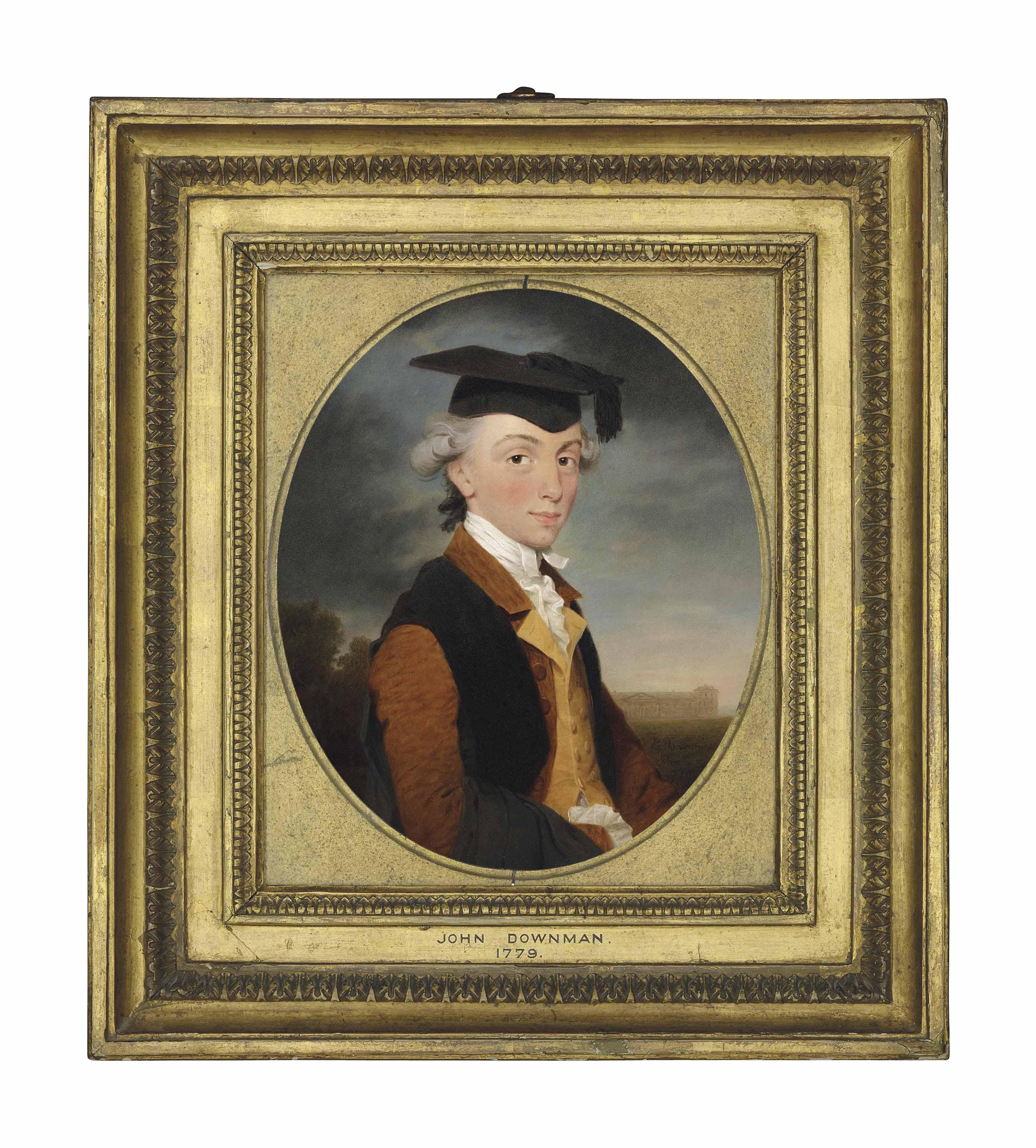 John Downman - Portrait of Charles Chadwick (1753-1829), half-length, in a brown coat, yellow waistcoat and gown, wearing a mortar board, Emmanuel College, Cambridge beyond