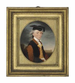 John Downman - Portrait of Charles Chadwick (1753-1829), half-length, in a brown coat, yellow waistcoat and gown, wearing a mortar board, Emmanuel College, Cambridge beyond