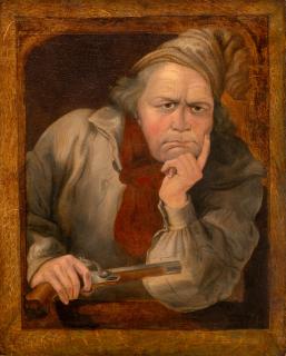 John Doyle - A portrait of Daniel O\'Connell, half-length, leaning through a window and holding a pistol 59.5 x 46.5 cm. (23 1/2 x 18 1/4 in.)