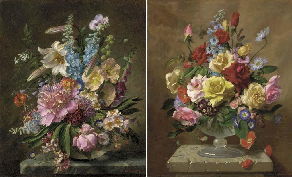 John E. Nicholls - Lilies, Hollyhocks, Roses and other Flowers in a Glass Vase on a Stone Ledge; and Red and Yellow Roses, Peonies, Lilac and other Flowers in a Glass Vase on a Stone Column