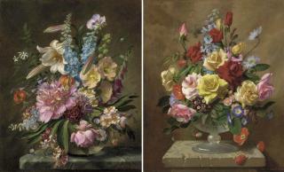 John E. Nicholls - Lilies, Hollyhocks, Roses and other Flowers in a Glass Vase on a Stone Ledge; and Red and Yellow Roses, Peonies, Lilac and other Flowers in a Glass Vase on a Stone Column