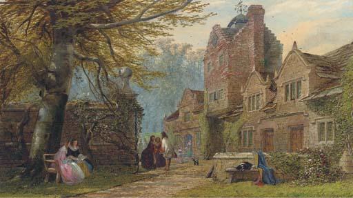 John Edmund Buckley - Figures In van Dyck Costume Before An Elizabethan Manor House