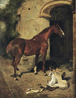 John Emms - A Chestnut Hunter with a Collie and a Jack Russell outside a stable