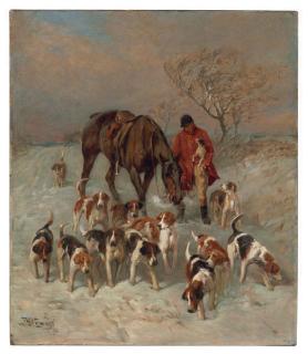 John Emms - A Winter\'s Evening, Hounds and Huntsman returning Home