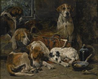 John Emms - British New Forest Buckhounds And A Terrier In Their Lodges 