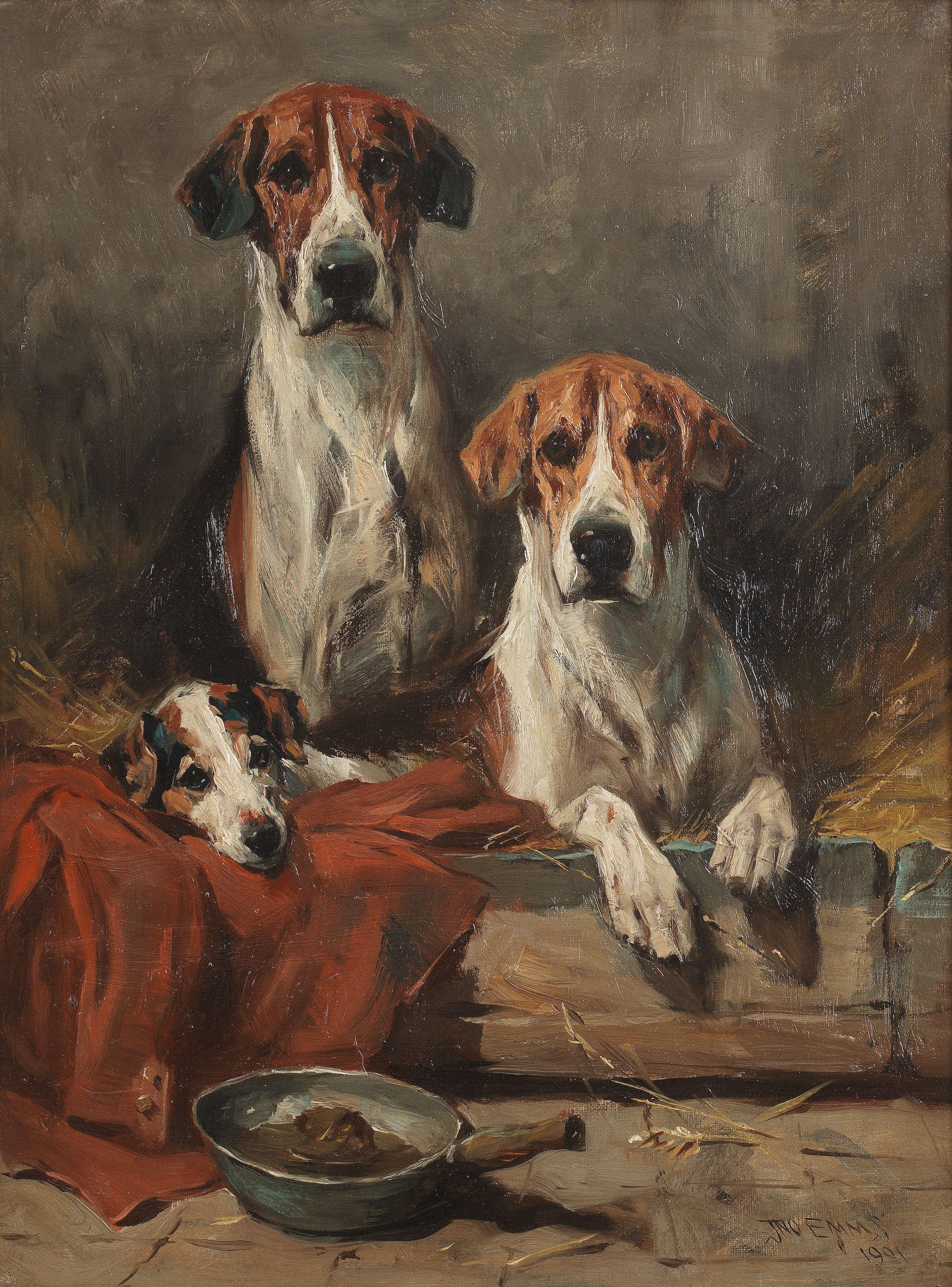 John Emms - Foxhounds and a hunt terrier