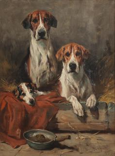 John Emms - Foxhounds and a hunt terrier