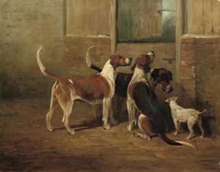 John Emms - Foxhounds And A Lakeland Terrier By A Stable Door