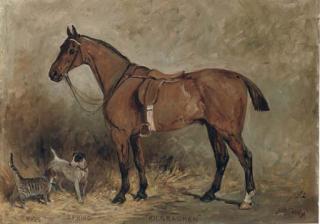 John Emms - Kilbrachen, a saddled hunter with Puss, a kitten and Spring, a Jack Russell terrier