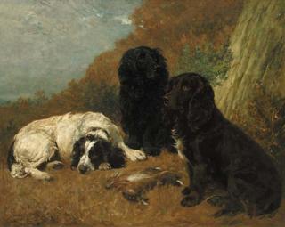 John Emms - Midday Rest - spaniels with rabbits in a landscape