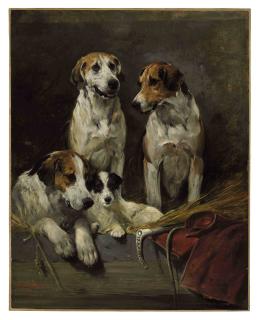 John Emms - Three Hounds and a Terrier in a Barn Interior