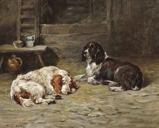John Emms - Two spaniels in a barn
