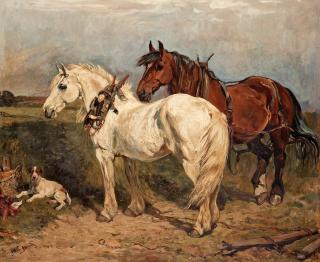 John Emms - Two work horses and a resting dog