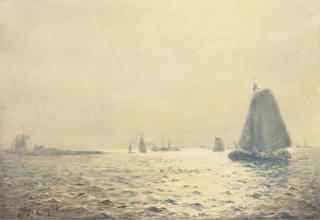 John Ernest Aitken - A Barge On A Dutch Canal Bathed In Sunlight