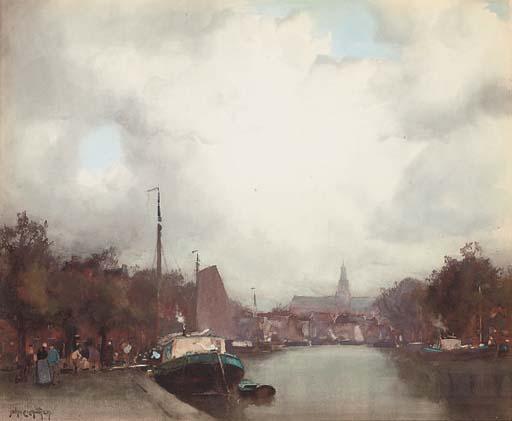 John Ernest Aitken - A Dutch barge on a canal, Amsterdam