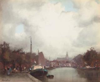 John Ernest Aitken - A Dutch barge on a canal, Amsterdam