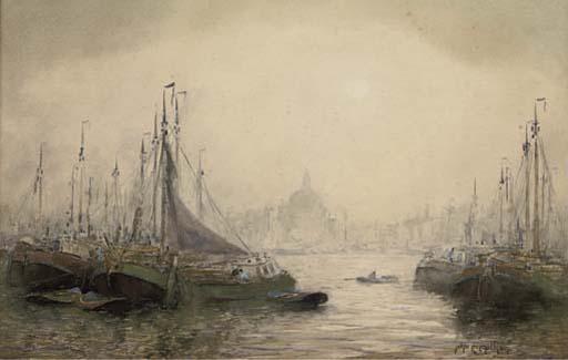 John Ernest Aitken - Dutch barges in a crowded harbour