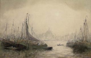 John Ernest Aitken - Dutch barges in a crowded harbour