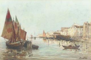 John Ernest Aitken - Fishing Craft On The Venetian Lagoon
