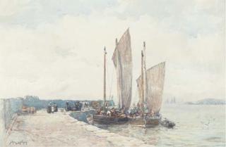 John Ernest Aitken - Unloading the catch on the quayside, possibly at Port St. Mary, Isle of Man