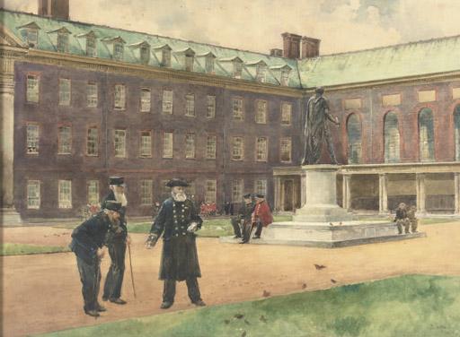 John Eyre, R.B.A., R.I., - Chelsea Pensioners feeding birds